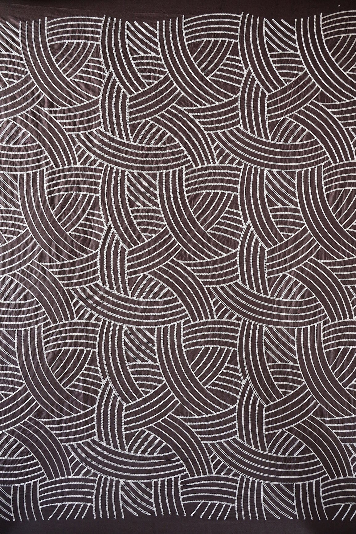 Cream Thread Geometric Pattern Heavy Embroidery Work On Brown Cotton Fabric - doeraa