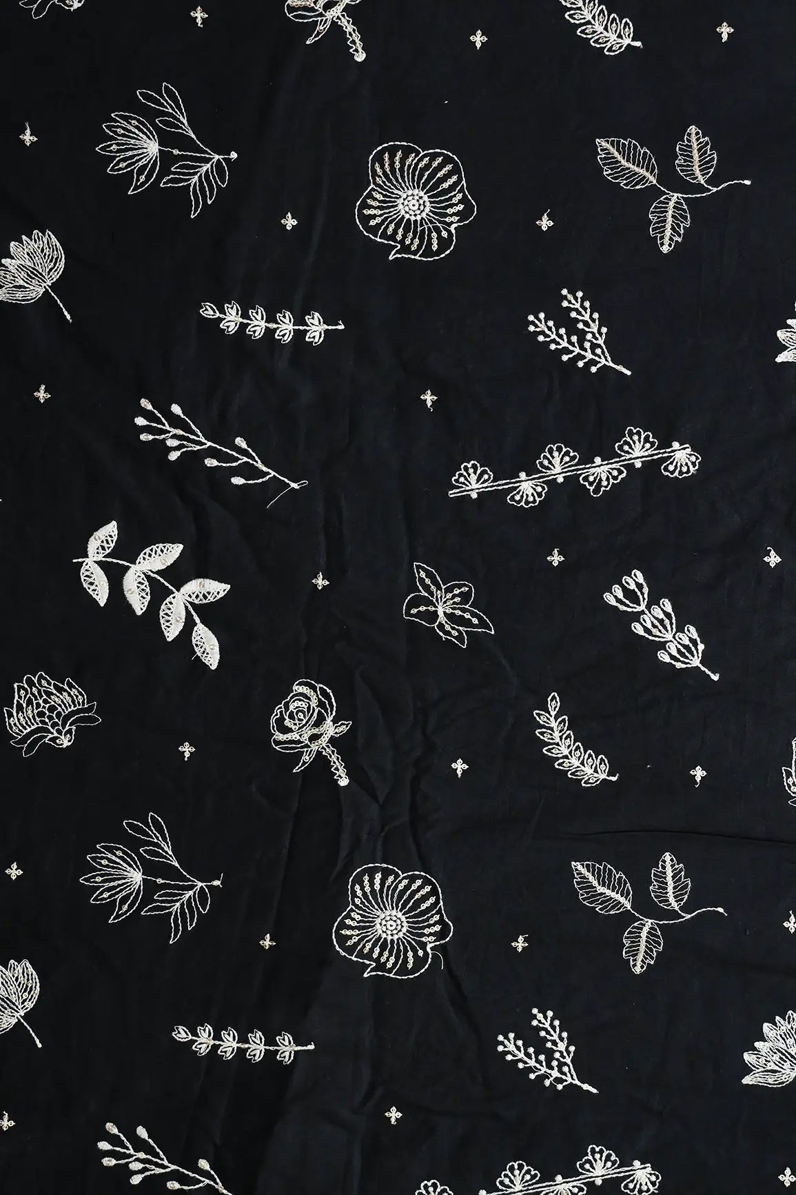 Cream Thread With Gold Sequins Floral Embroidery Work On Black Cotton Cambric Fabric - doeraa