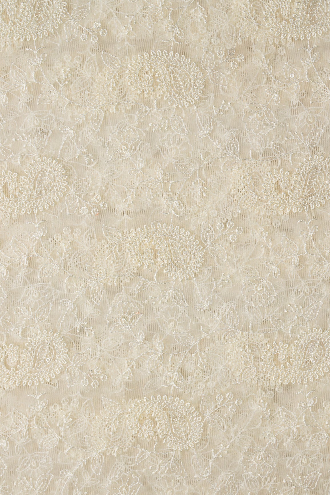 Cream Thread With Water Sequins Floral Paisley Embroidery Work On Cream Soft Net Fabric - doeraa