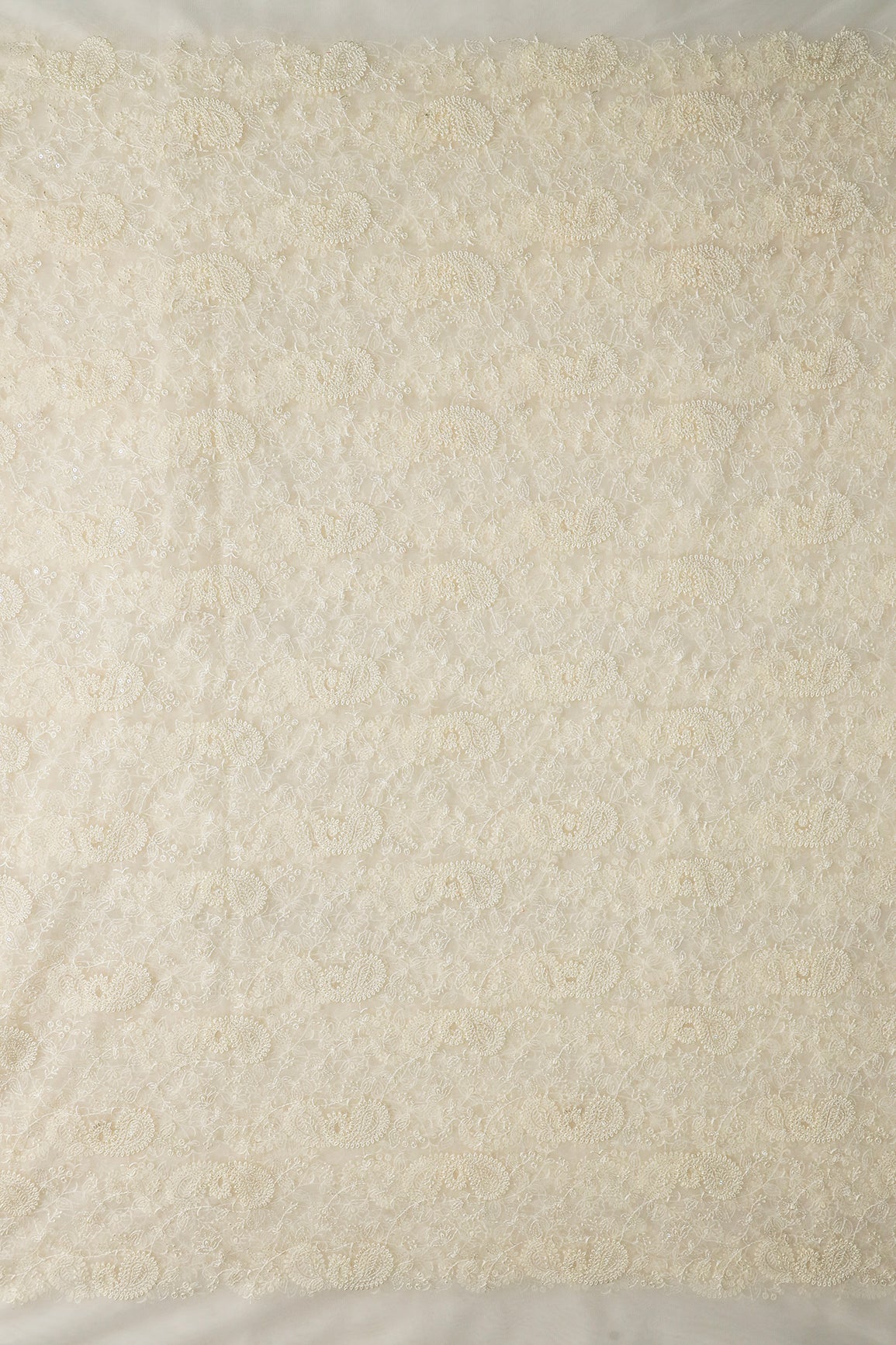 Cream Thread With Water Sequins Floral Paisley Embroidery Work On Cream Soft Net Fabric - doeraa