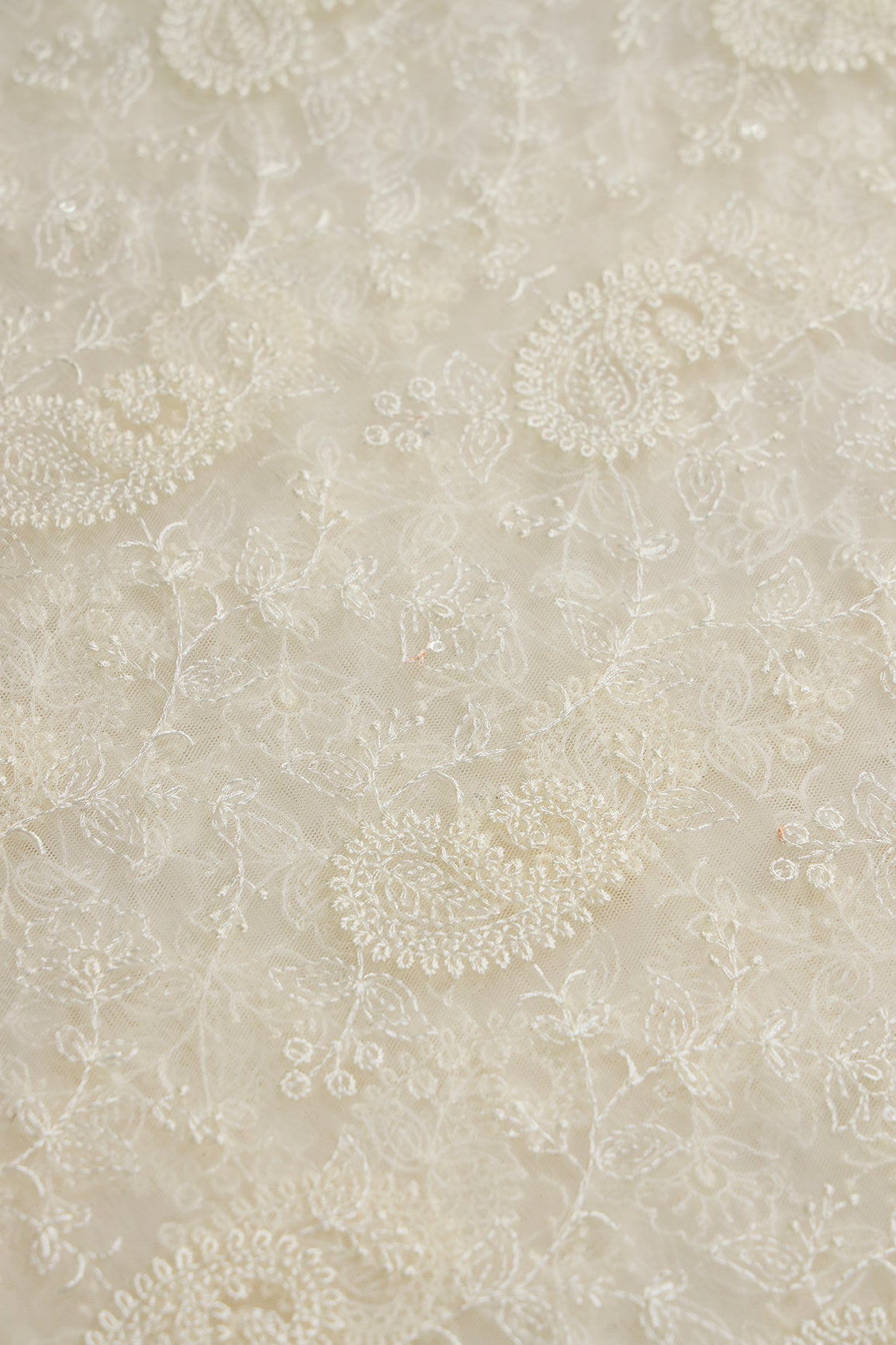 Cream Thread With Water Sequins Floral Paisley Embroidery Work On Cream Soft Net Fabric - doeraa