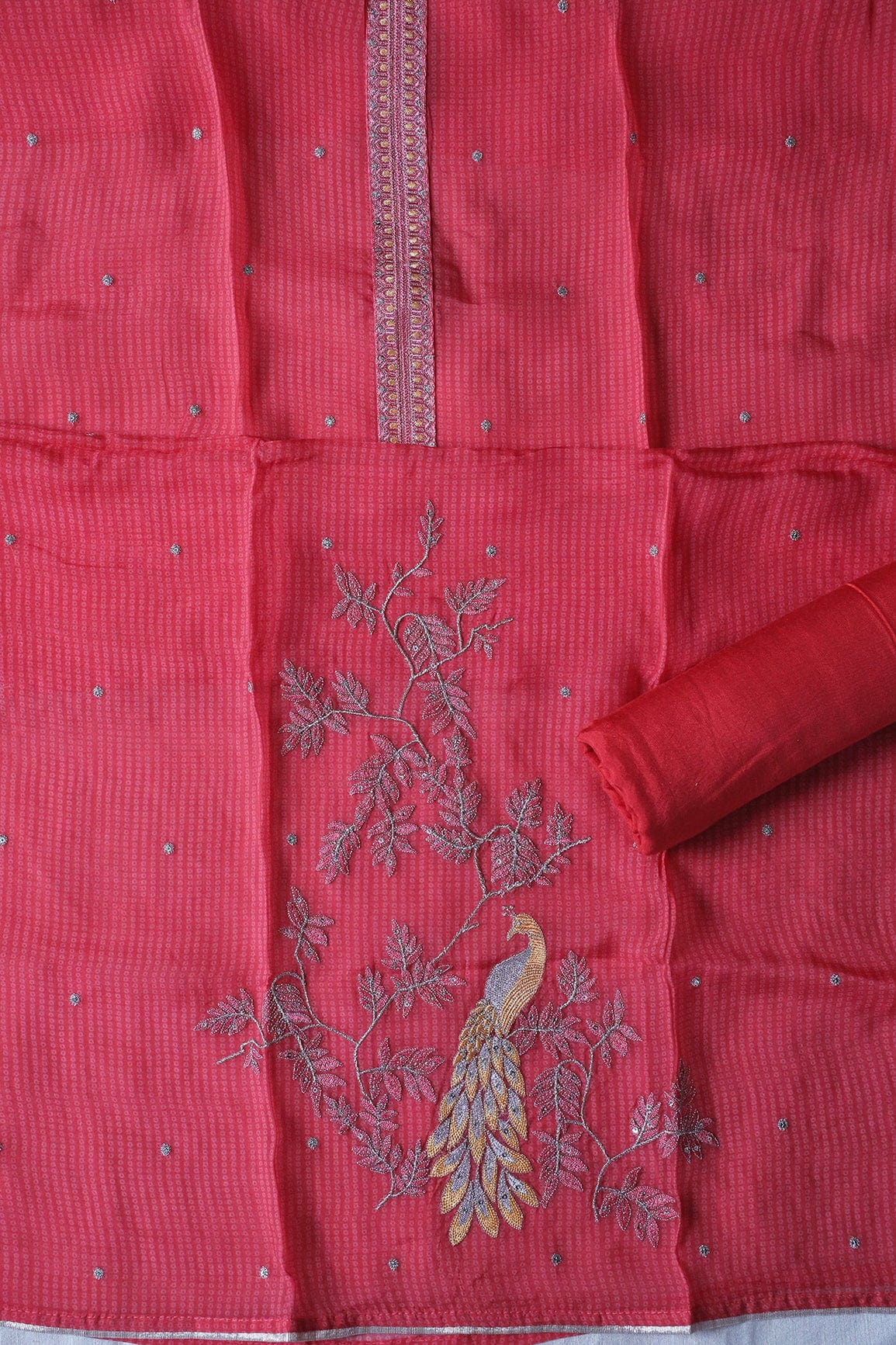 Crimson Red Semi Stitched Pure Organza Suit Set (3 piece) - doeraa