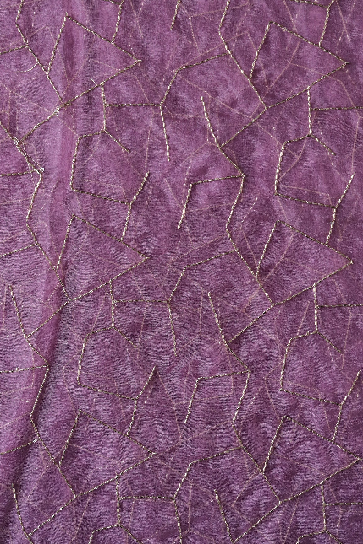 Cut Dana Beads Appealing Abstract Embroidery On Lavender Organza Fabric - doeraa