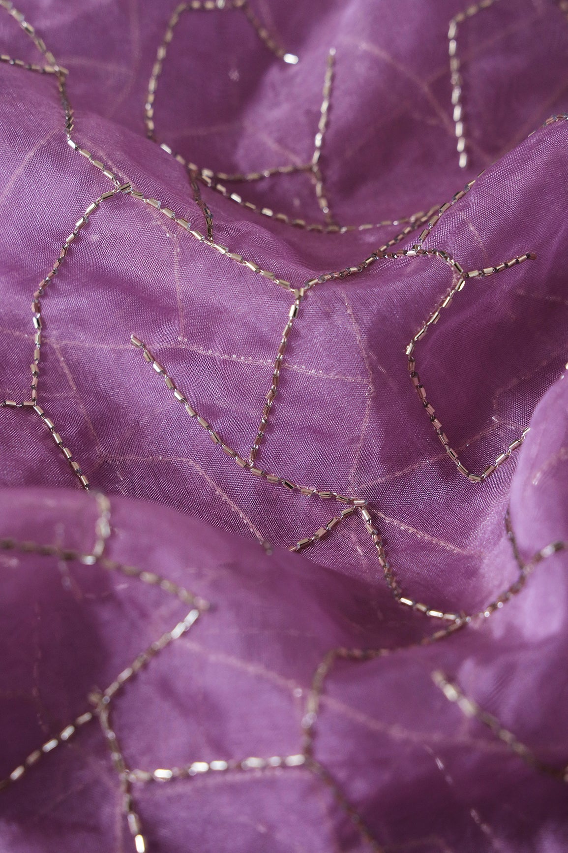 Cut Dana Beads Appealing Abstract Embroidery On Lavender Organza Fabric - doeraa