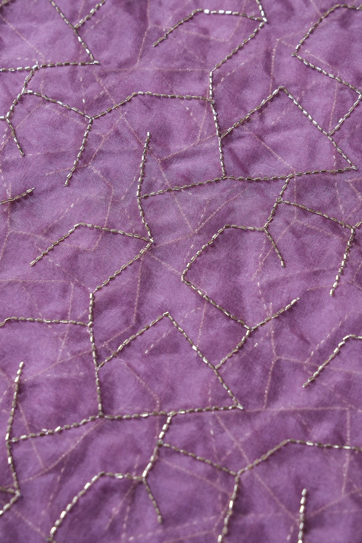 Cut Dana Beads Appealing Abstract Embroidery On Lavender Organza Fabric - doeraa