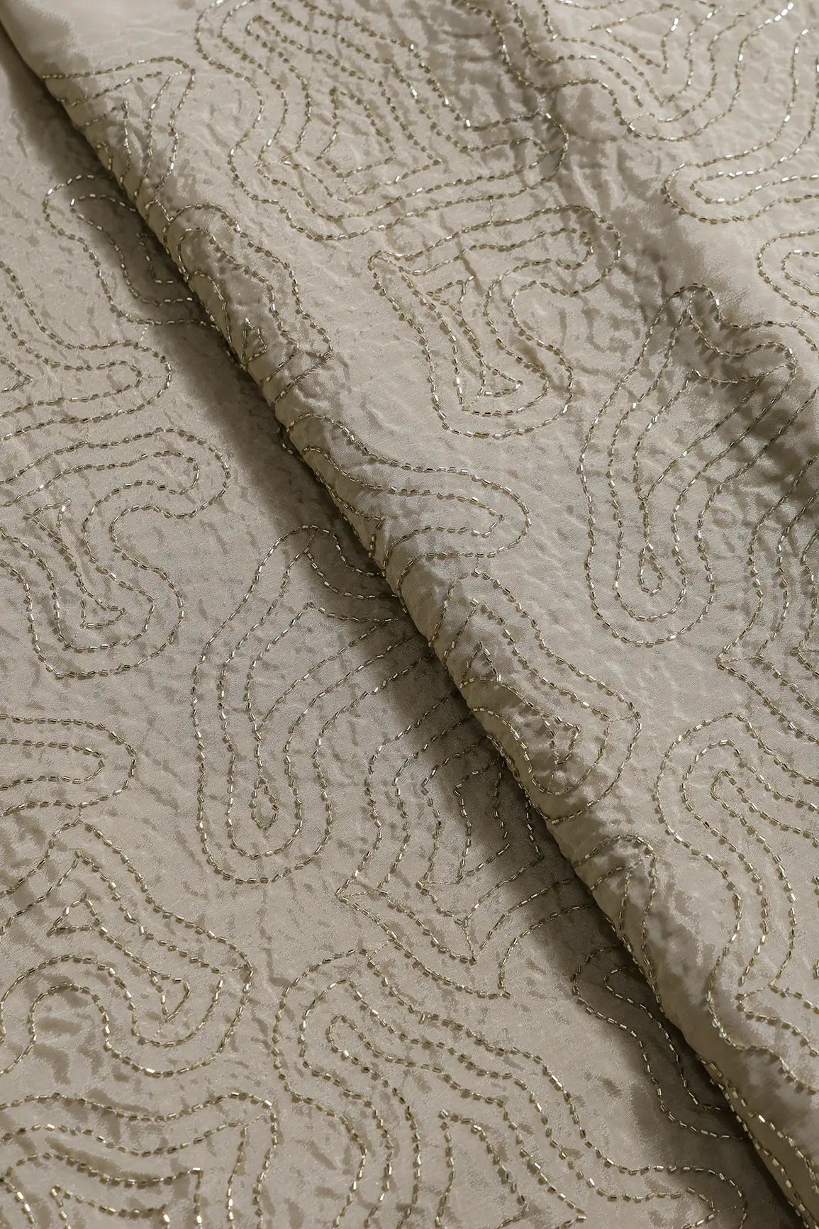 Cut Dana Beads Appealing Abstract Embroidery Work On Beige Chinnon Chiffon Fabric - doeraa