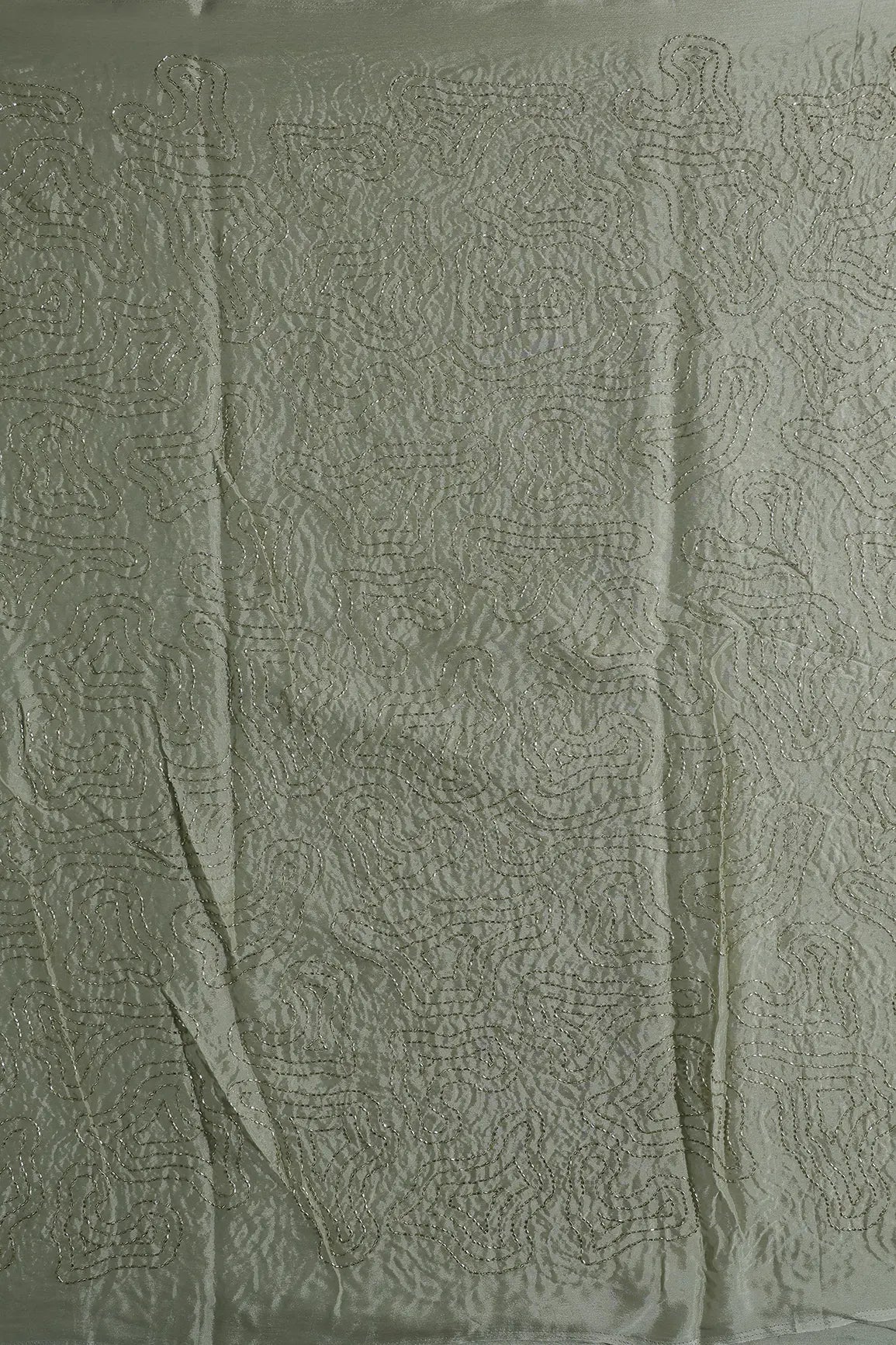 Cut Dana Beads Appealing Abstract Embroidery Work On Olive Chinnon Chiffon Fabric - doeraa