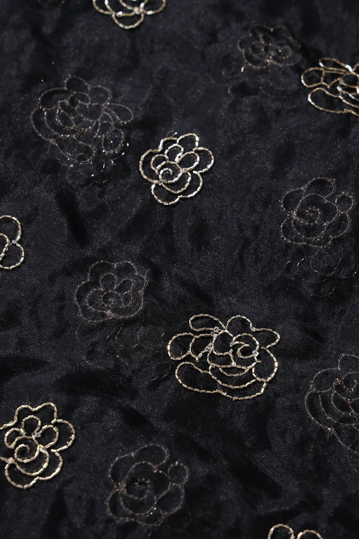 Cut Dana Beads Beautiful Floral Embroidery On Black Organza Fabric - doeraa