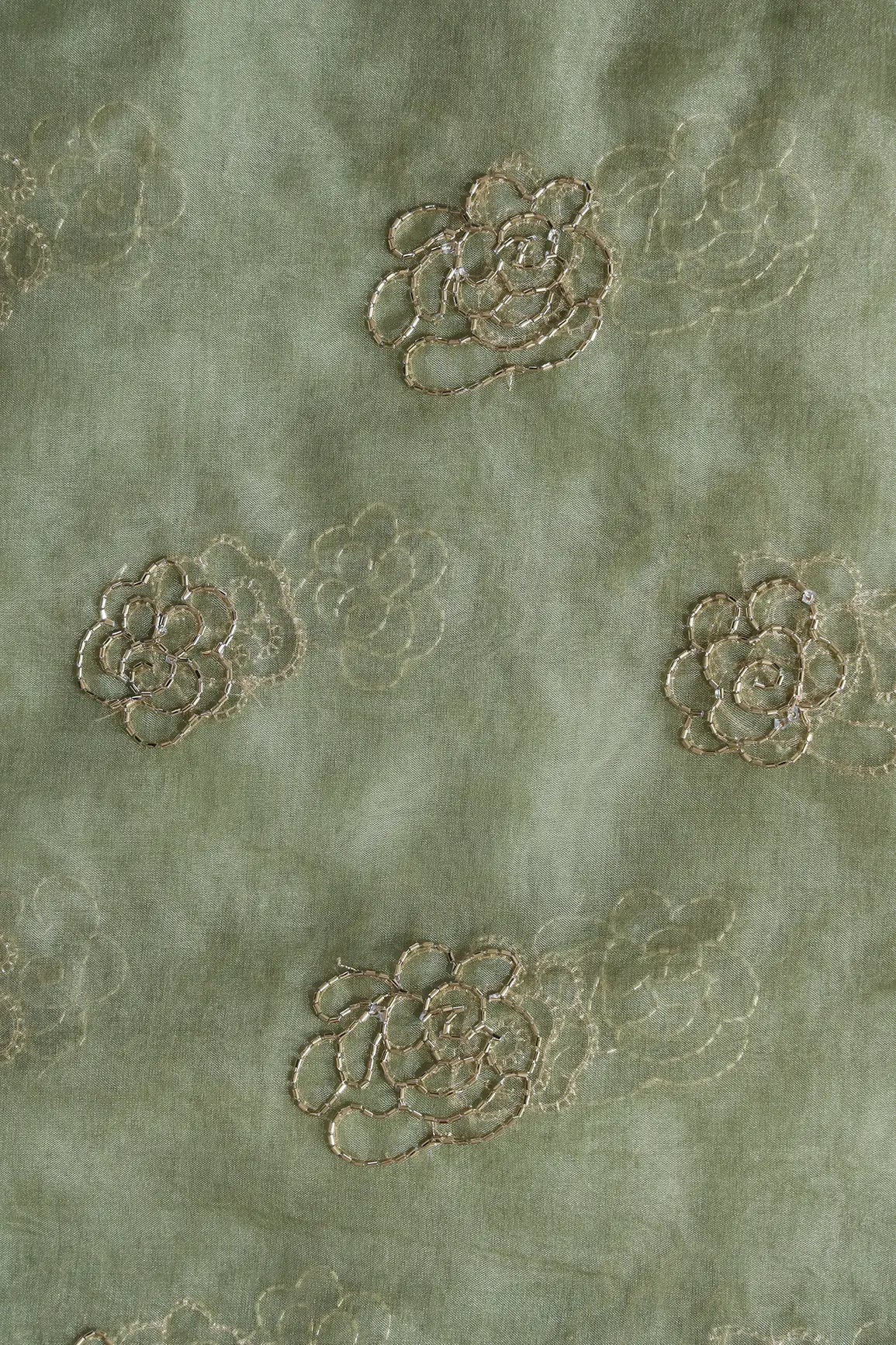Cut Dana Beads Beautiful Floral Embroidery On Olive Organza Fabric - doeraa