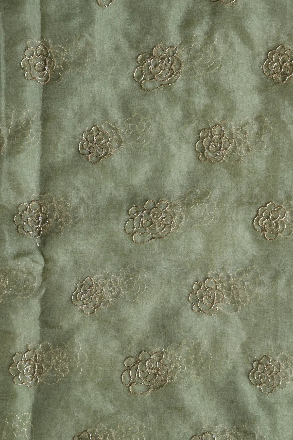 Cut Dana Beads Beautiful Floral Embroidery On Olive Organza Fabric - doeraa