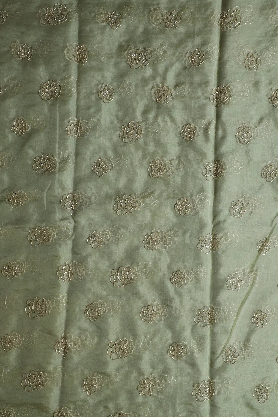 Cut Dana Beads Beautiful Floral Embroidery On Olive Organza Fabric - doeraa