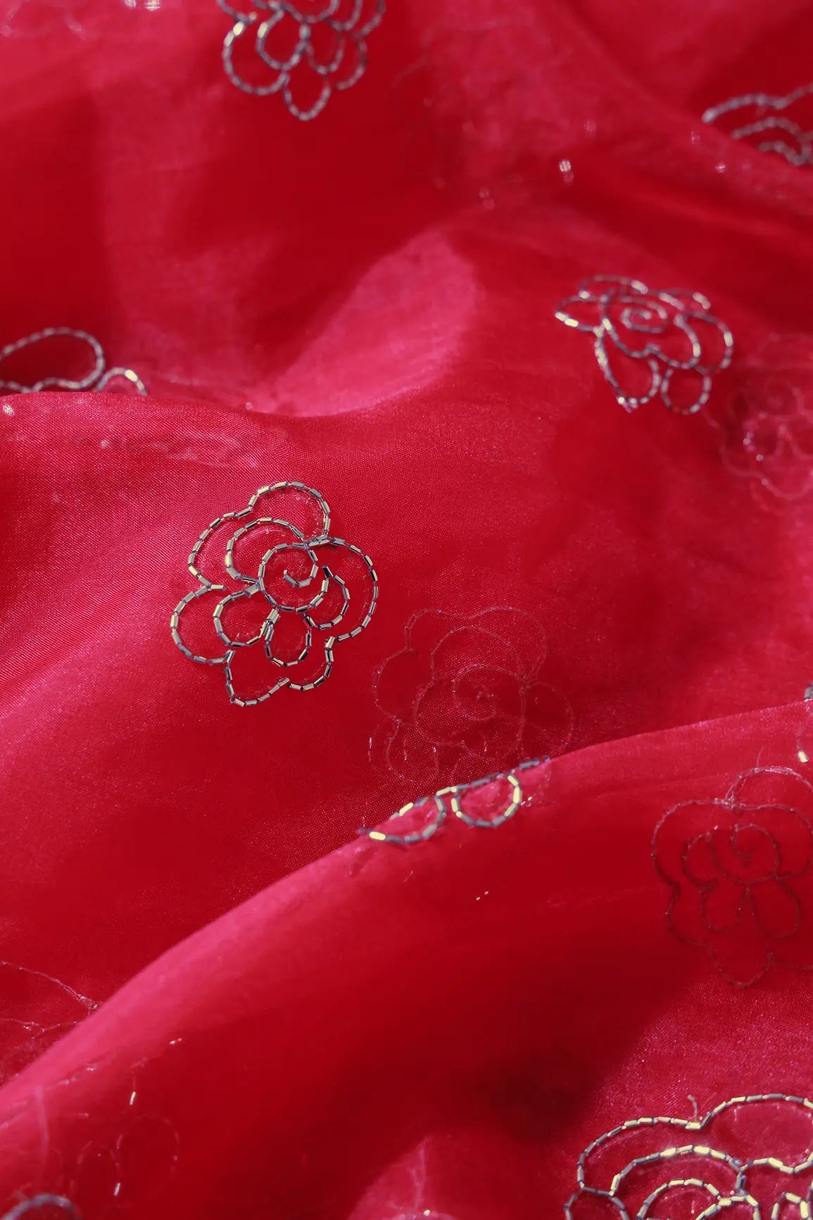Cut Dana Beads Beautiful Floral Embroidery On Red Organza Fabric - doeraa