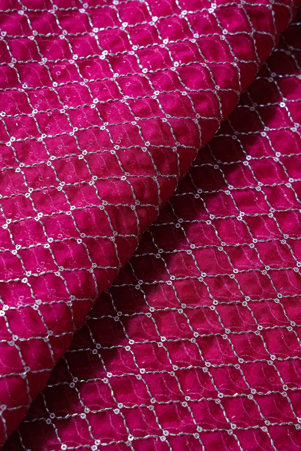 Cut Dana Beads Beautiful Ogee Embroidery On Fuchsia Organza Fabric - doeraa