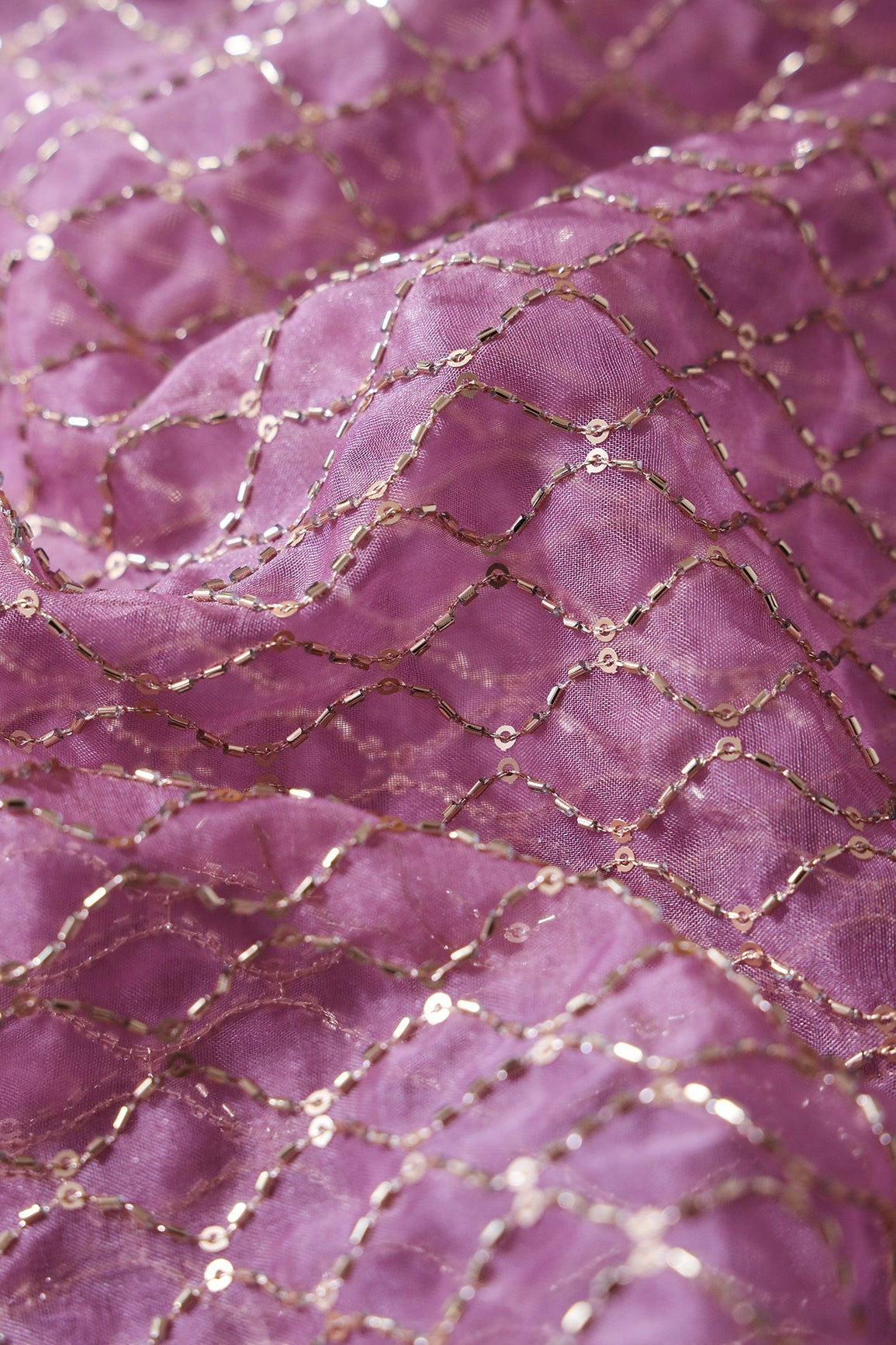 Cut Dana Beads Beautiful Ogee Embroidery On Lavender Organza Fabric - doeraa