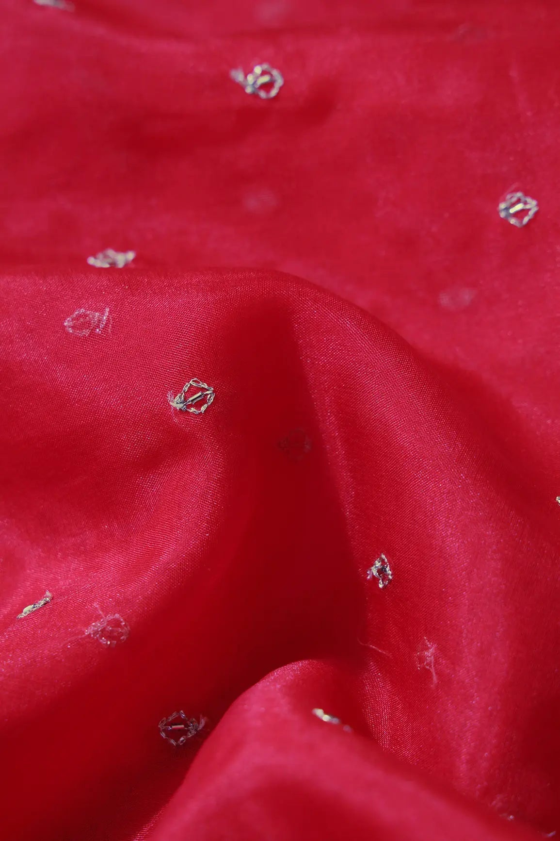 Cut Dana Beads With Zari Small Motif Embroidery On Red Organza Fabric - doeraa