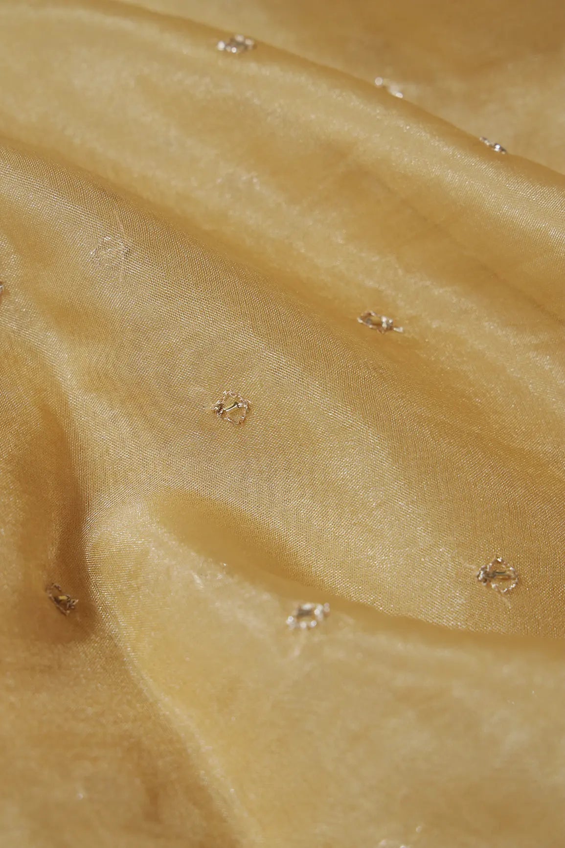 Cut Dana Beads With Zari Small Motif Embroidery On Tan Beige Organza Fabric - doeraa