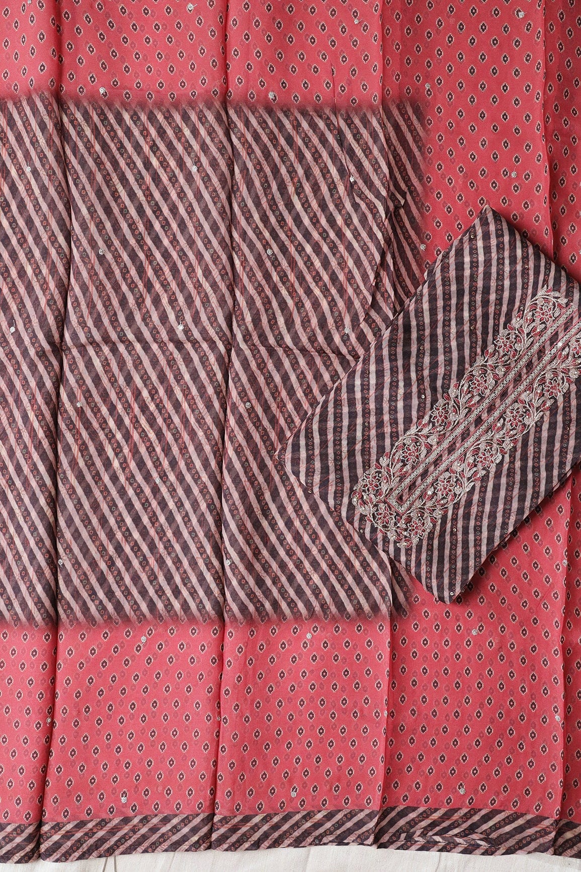 Dark Brown Semi Stitched Pure Organza Suit Set (3 piece) - doeraa