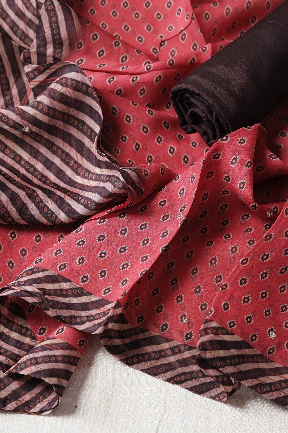 Dark Brown Semi Stitched Pure Organza Suit Set (3 piece) - doeraa