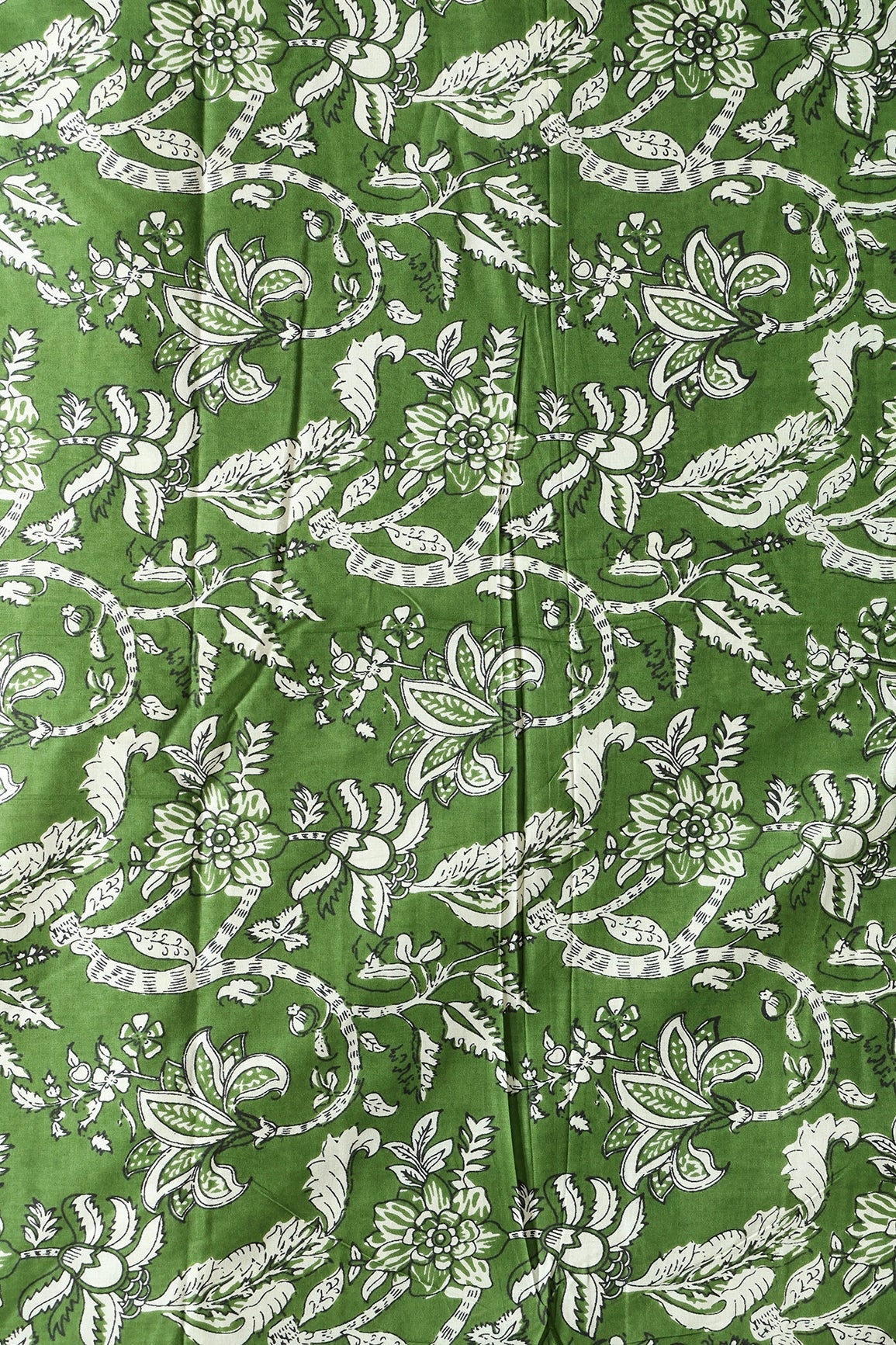 Dark Olive And Cream Floral Print On Pure Cotton Fabric - doeraa