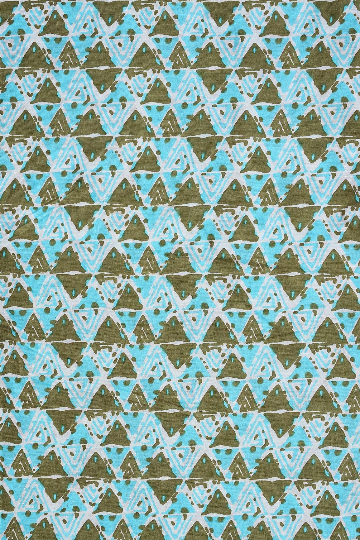 Dark Olive And Sky Blue Geometric Pattern Print On White Pure Cotton Fabric - doeraa
