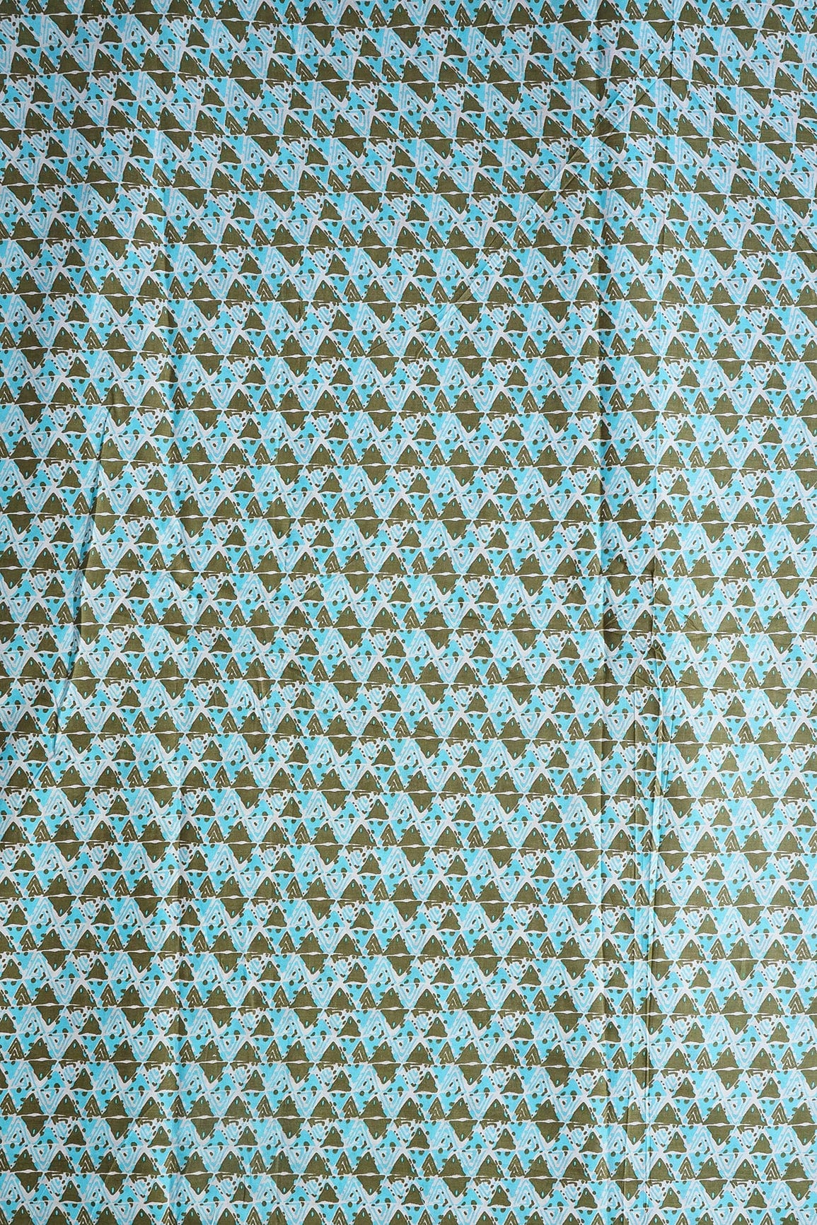 Dark Olive And Sky Blue Geometric Pattern Print On White Pure Cotton Fabric - doeraa