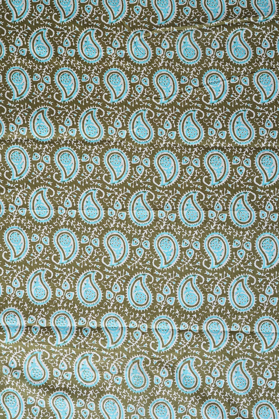 Dark Olive And Sky Blue Paisley Pattern Print On Pure Cotton Fabric - doeraa