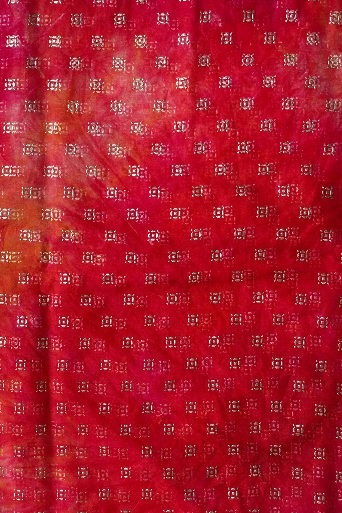 Dark Pink And Orange Tie & Dye Shibori Small Motif Foil Print On Organza Fabric - doeraa