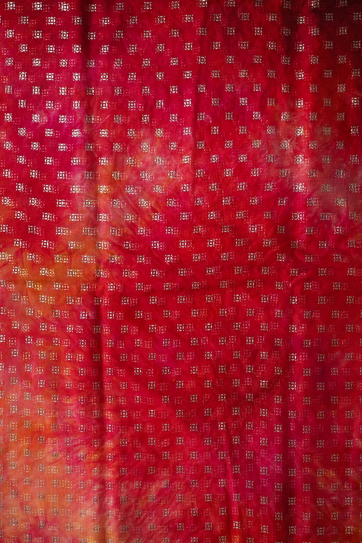 Dark Pink And Orange Tie & Dye Shibori Small Motif Foil Print On Organza Fabric - doeraa