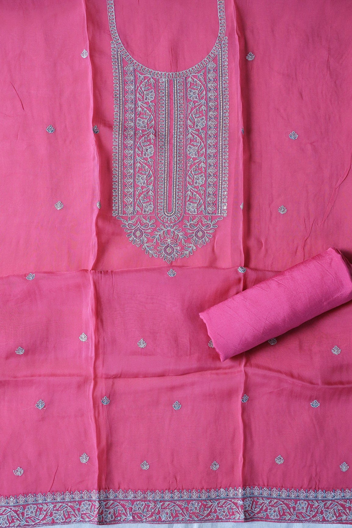 Dark Pink Semi Stitched Pure Organza Suit Set (3 piece) - doeraa