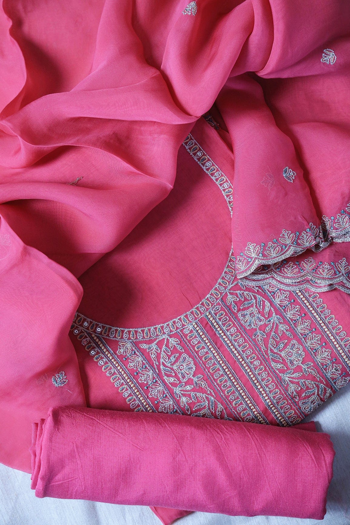 Dark Pink Semi Stitched Pure Organza Suit Set (3 piece) - doeraa