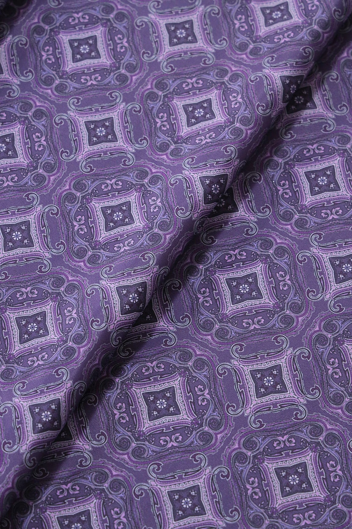 Dark Purple Traditional Pattern Digital Print On Purple French Crepe F