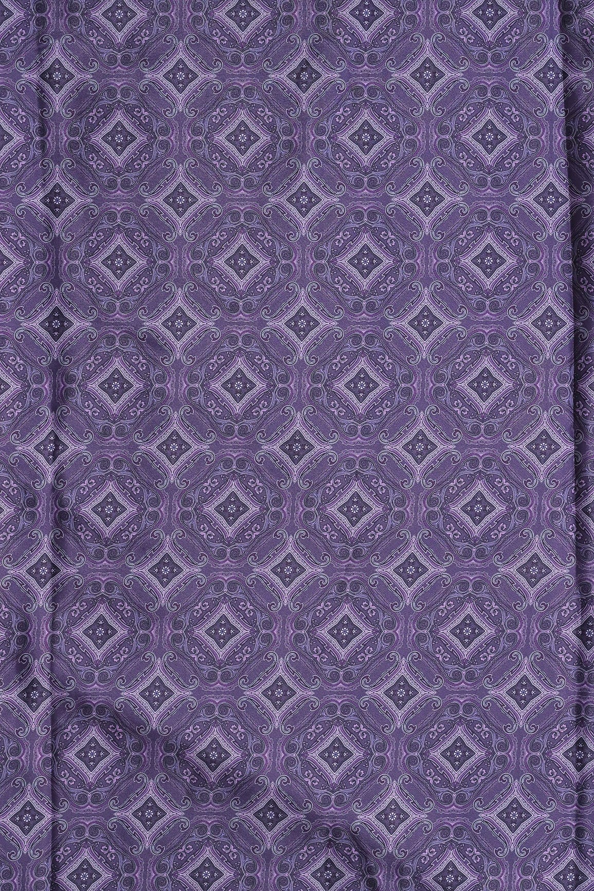 Dark Purple Traditional Pattern Digital Print On Purple French Crepe Fabric - doeraa