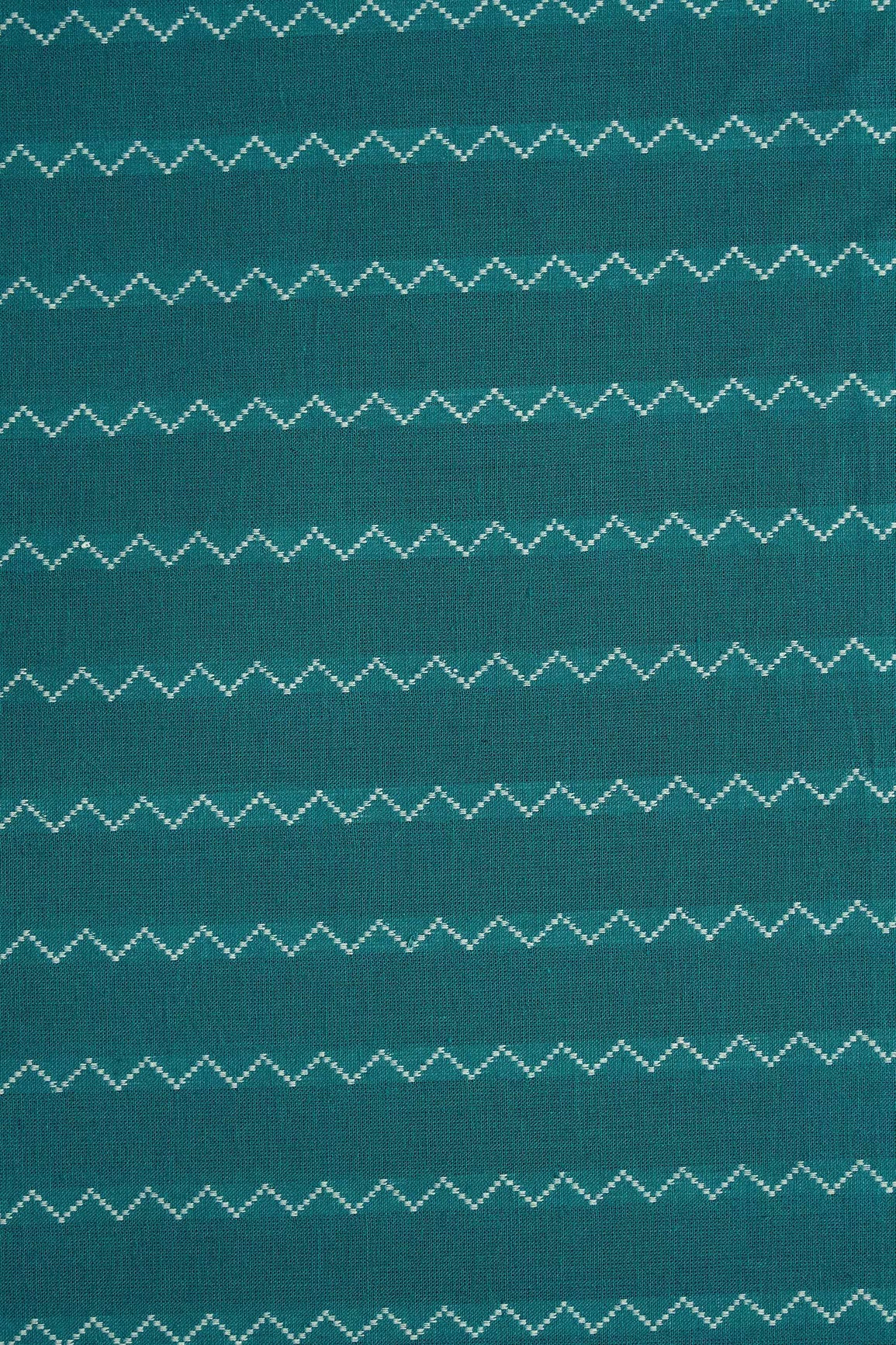 Dark Turquoise And White Chevron Pattern On Handwoven Organic Cotton Fabric - doeraa