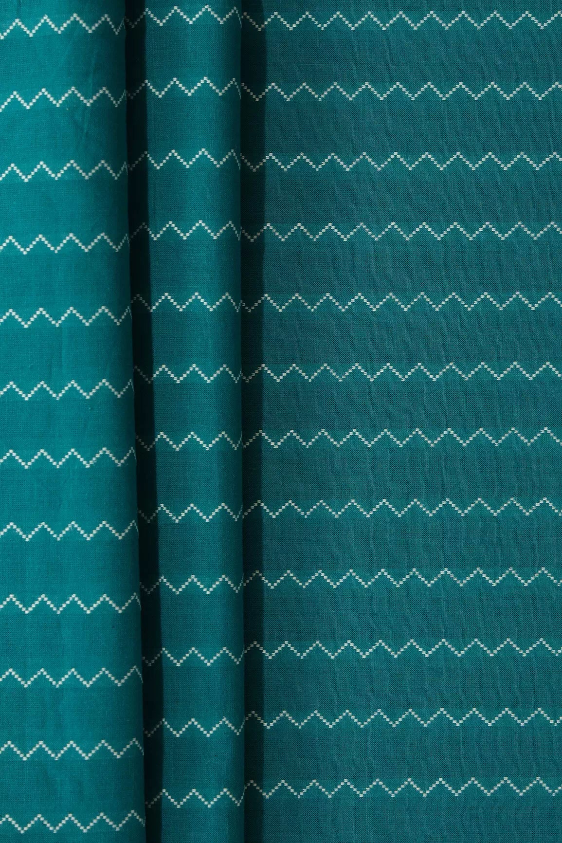 Dark Turquoise And White Chevron Pattern On Handwoven Organic Cotton Fabric - doeraa