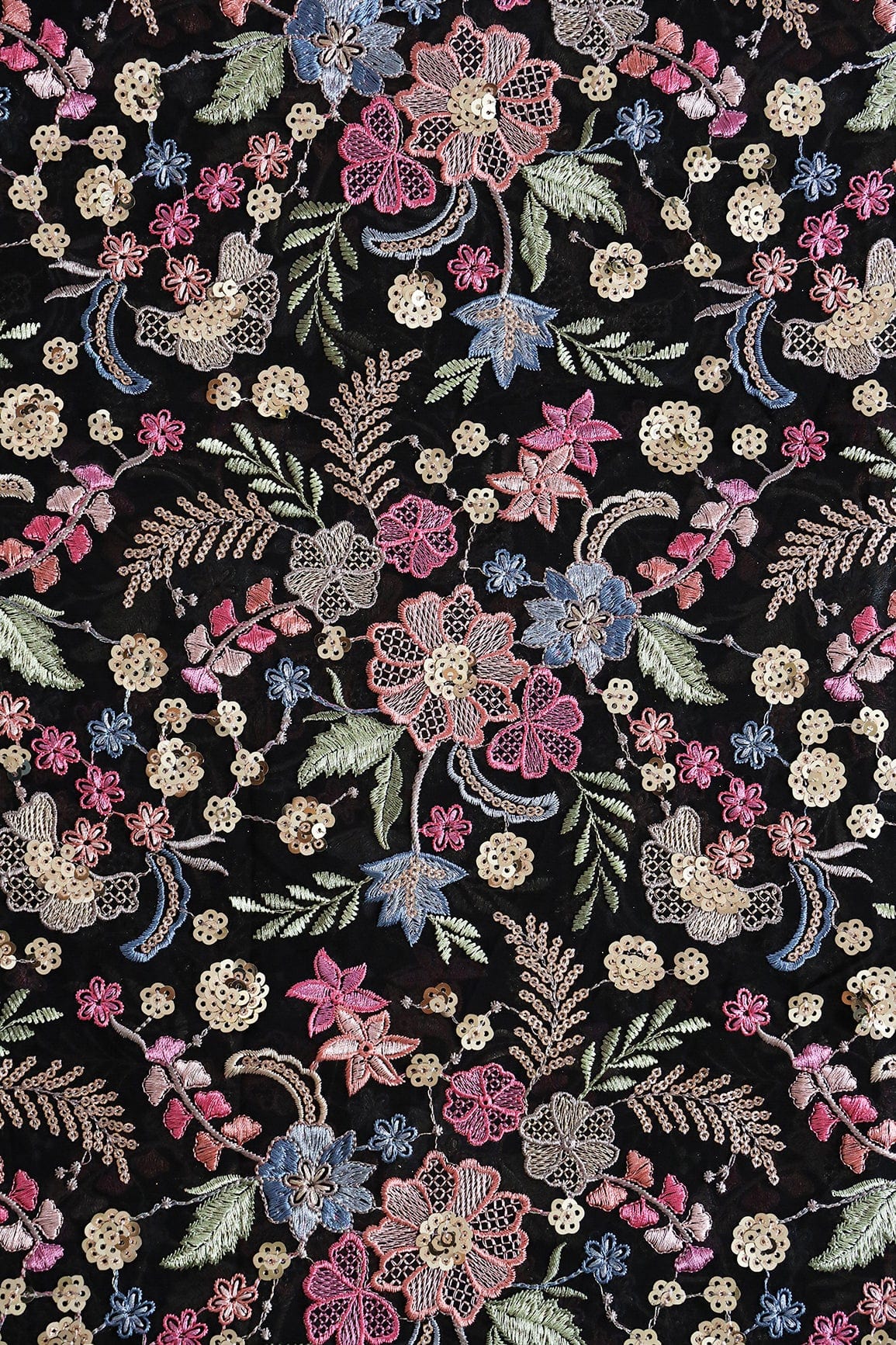 Delightful Pastel Thread With Gold Sequins Heavy Floral Embroidery On Black Viscose Georgette Fabric - doeraa