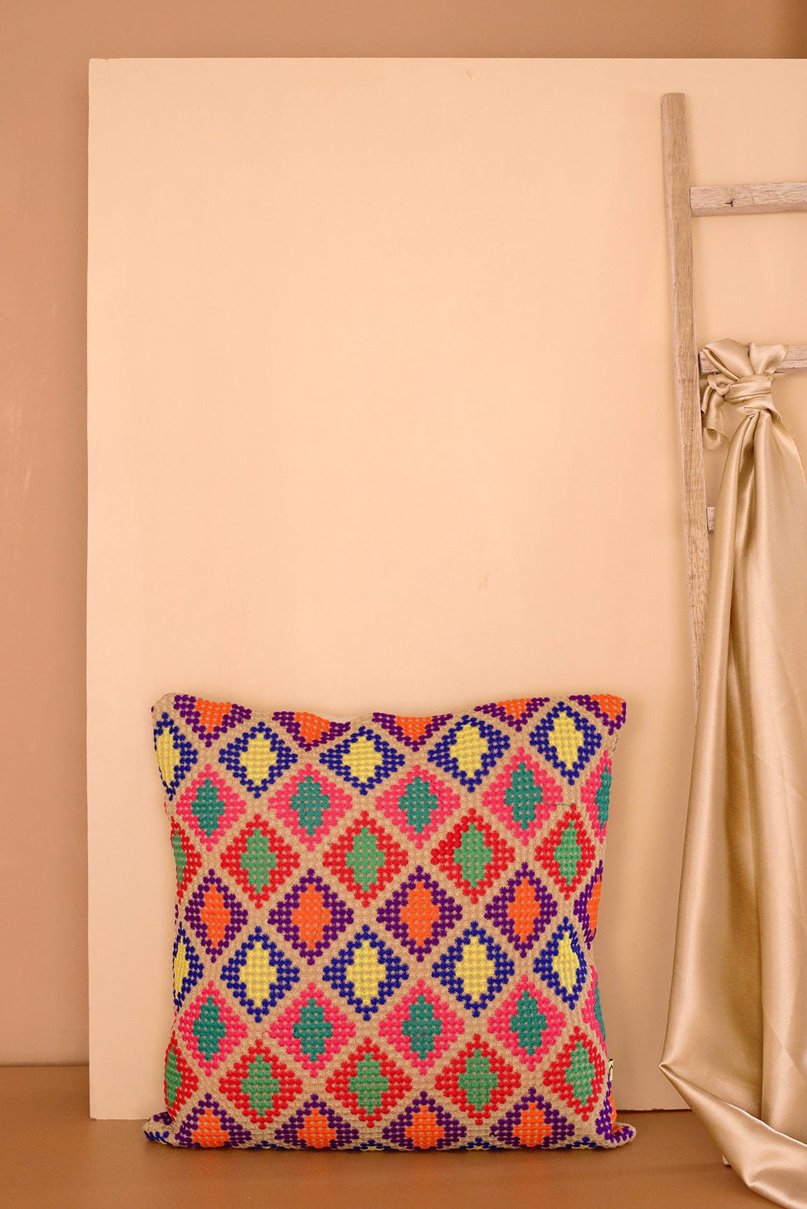 Dotted Pattern Multi - colour Embroidery on Off White cotton Cushion Cover (16*16 inches) - doeraa