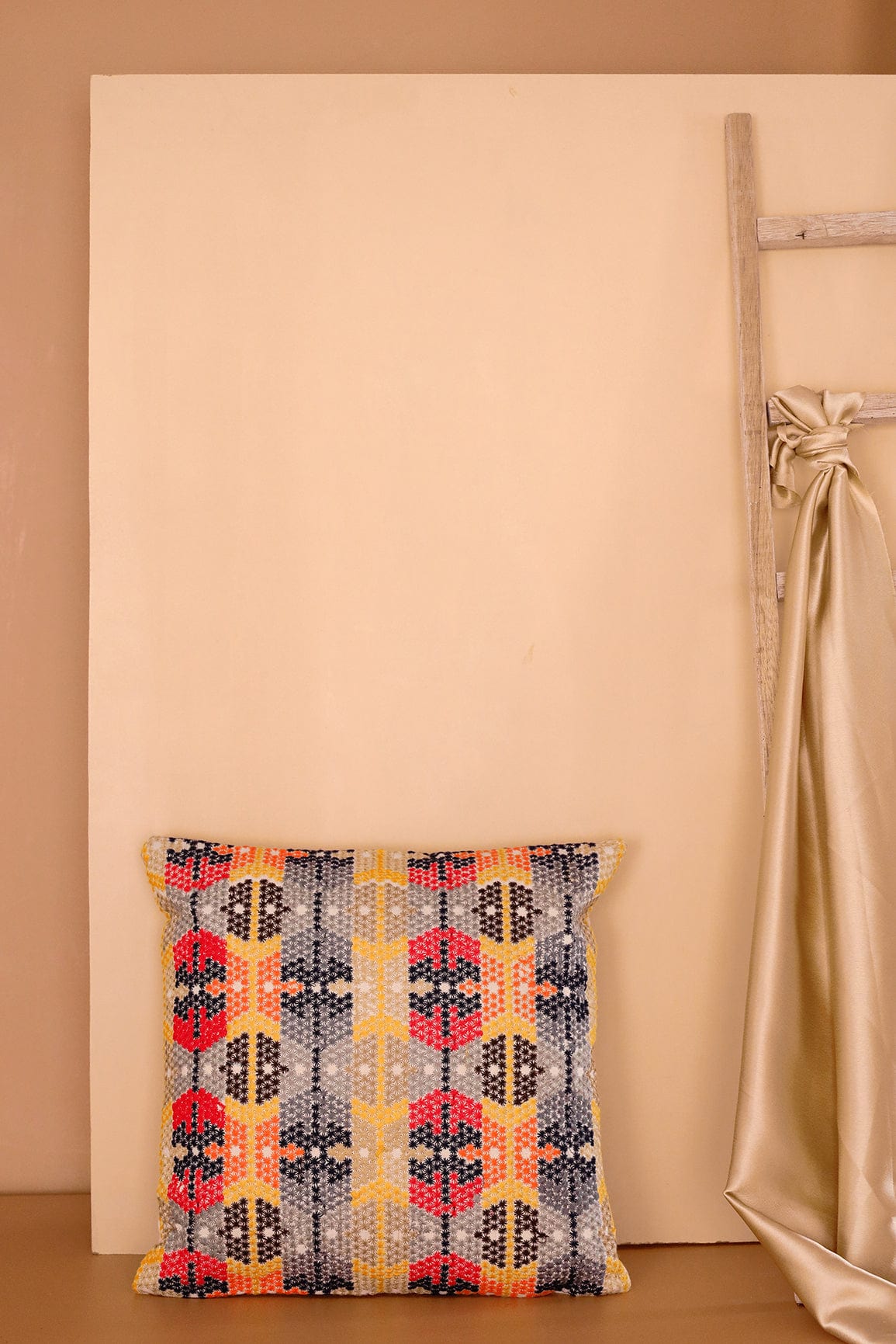 Dotted Pattern Multi Colour Embroidery on off white cotton Cushion Cover (16*16 inches) - doeraa