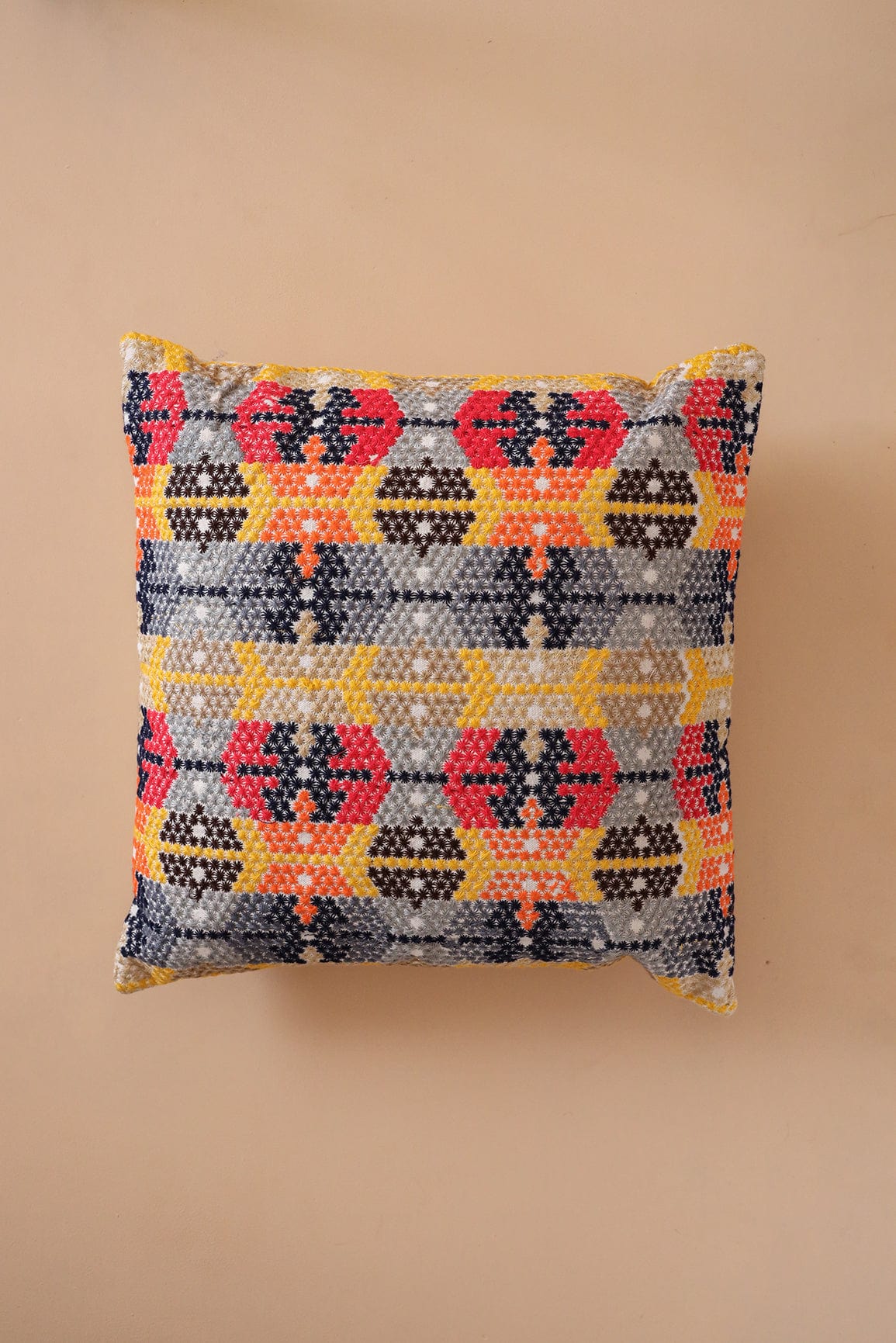 Dotted Pattern Multi Colour Embroidery on off white cotton Cushion Cover (16*16 inches) - doeraa