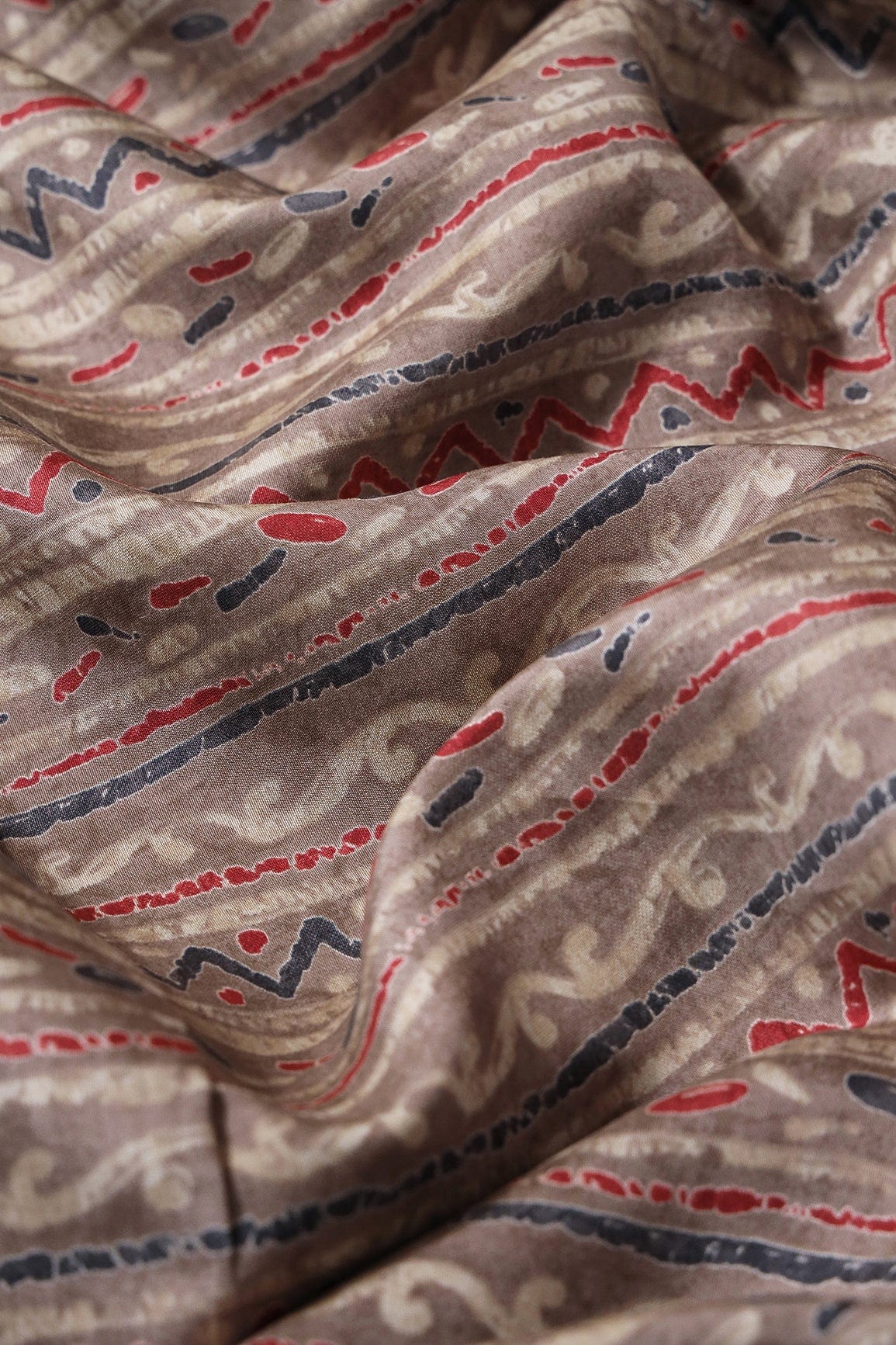 Dusty Brown And Light Beige Stripes Print On Viscose Chanderi Silk Fabric - doeraa