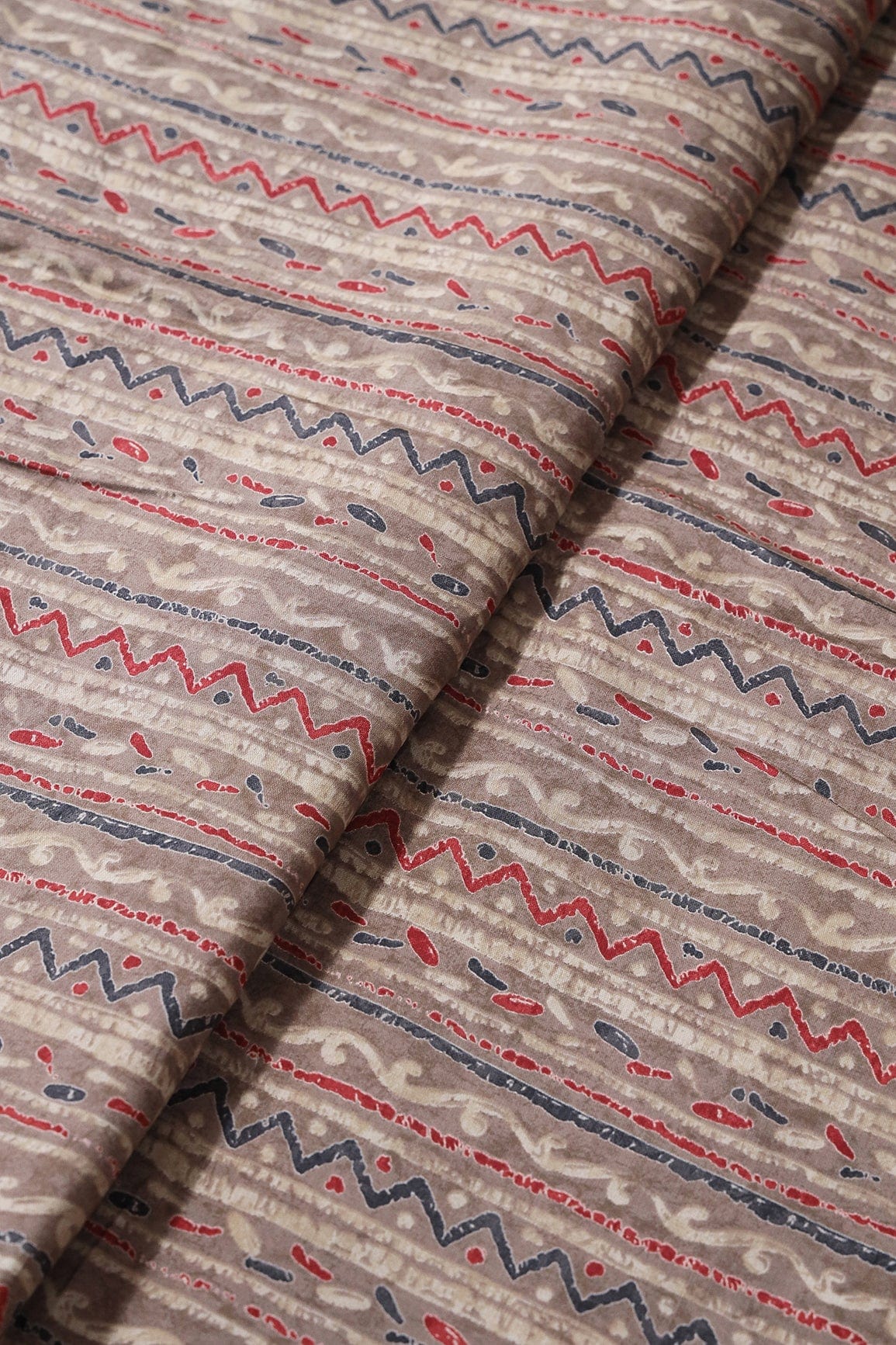 Dusty Brown And Light Beige Stripes Print On Viscose Chanderi Silk Fabric - doeraa