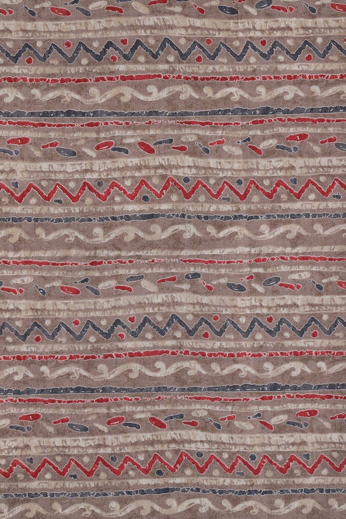 Dusty Brown And Light Beige Stripes Print On Viscose Chanderi Silk Fabric - doeraa