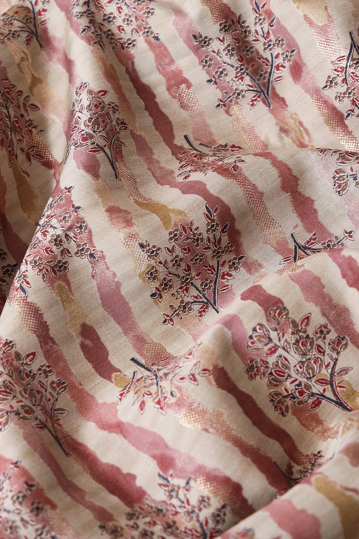 Dusty Pink And Light Beige Foil Floral Print On Viscose Chanderi Silk Fabric - doeraa