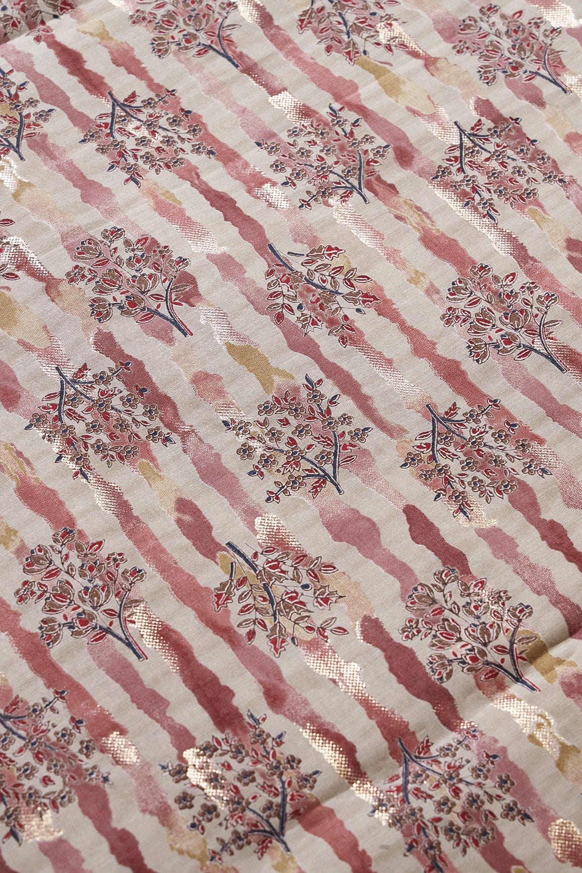 Dusty Pink And Light Beige Foil Floral Print On Viscose Chanderi Silk Fabric - doeraa