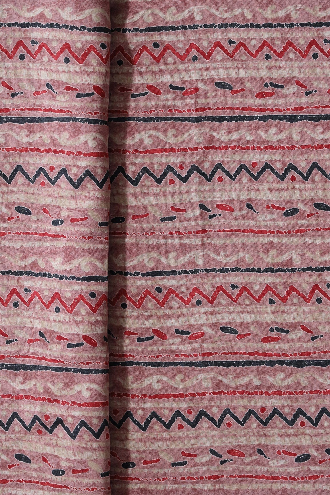 Dusty Pink And Light Beige Stripes Print On Viscose Chanderi Silk Fabric - doeraa