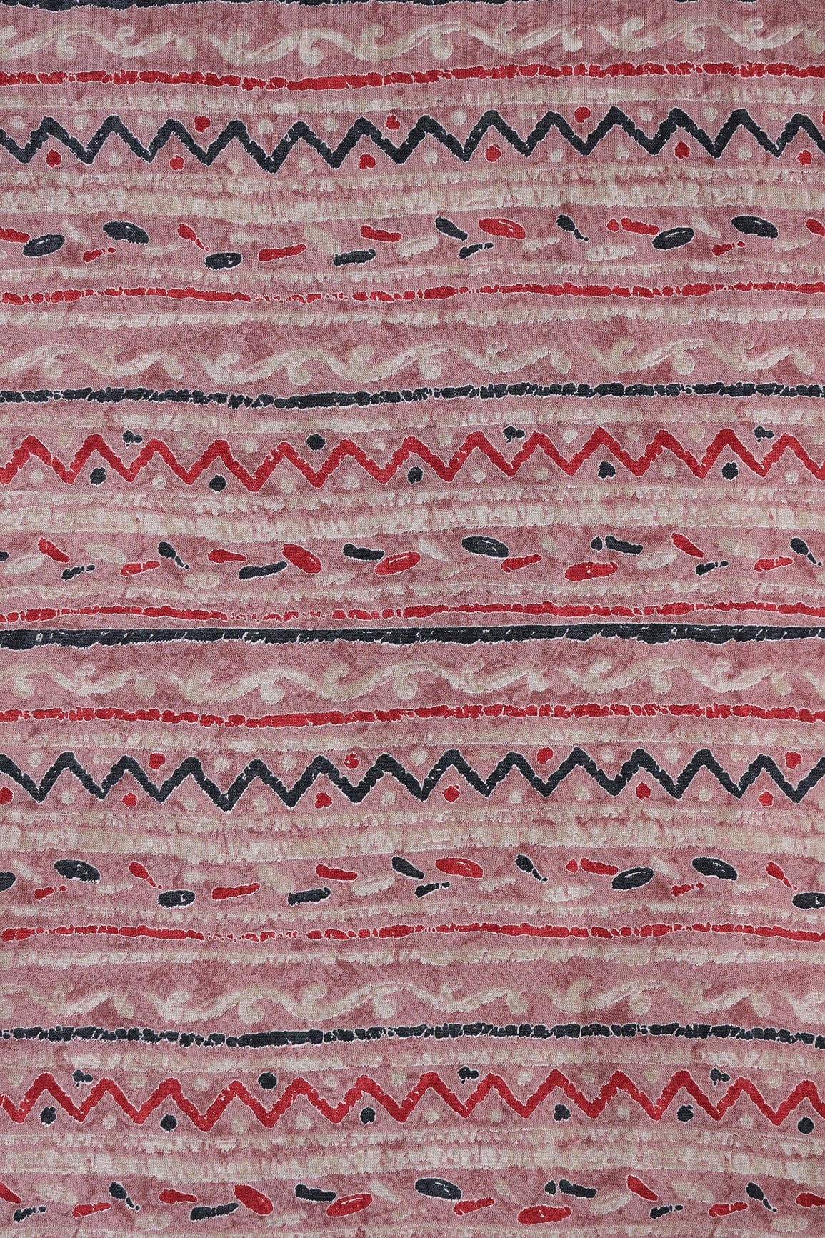 Dusty Pink And Light Beige Stripes Print On Viscose Chanderi Silk Fabric - doeraa