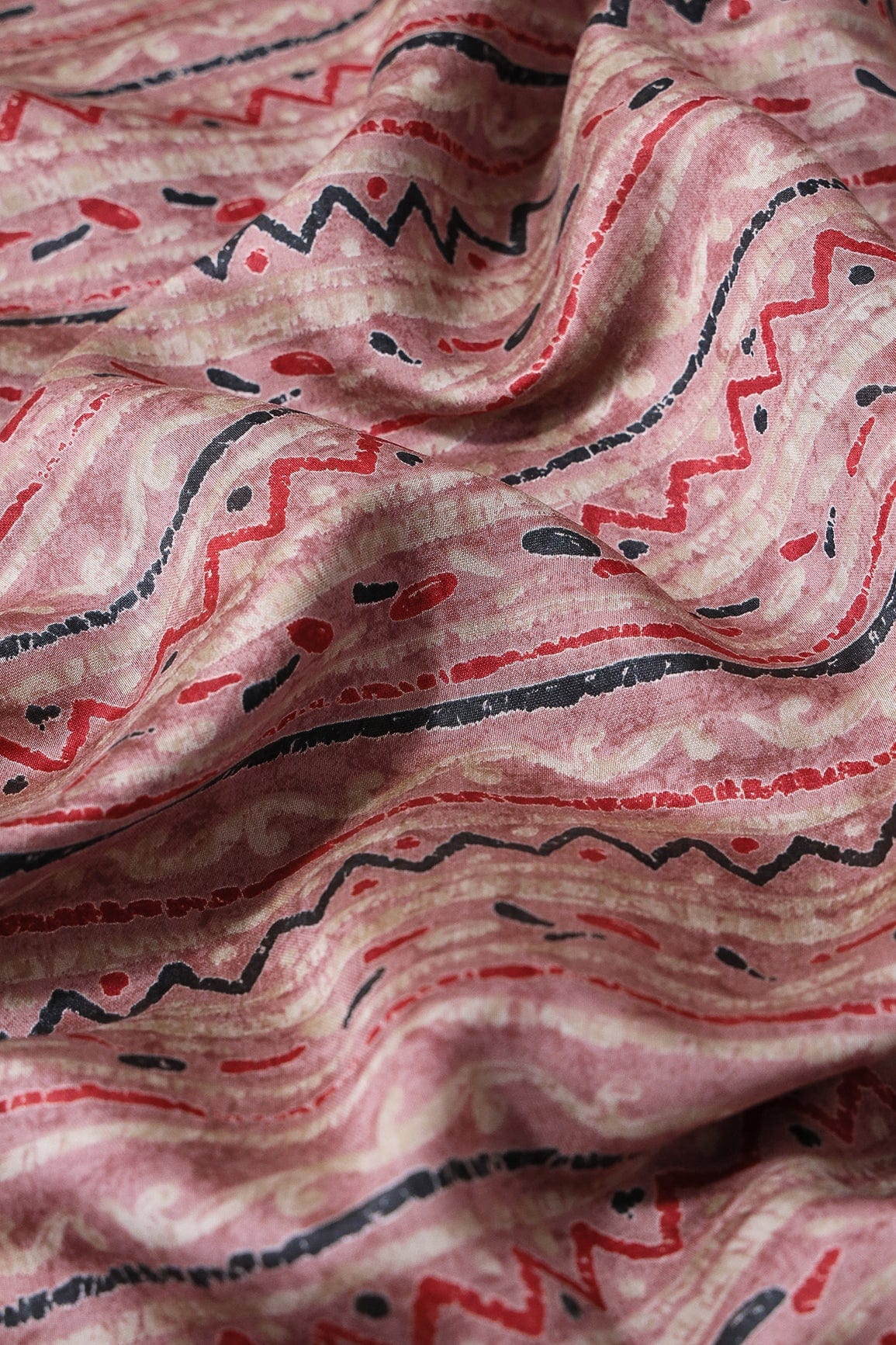 Dusty Pink And Light Beige Stripes Print On Viscose Chanderi Silk Fabric - doeraa