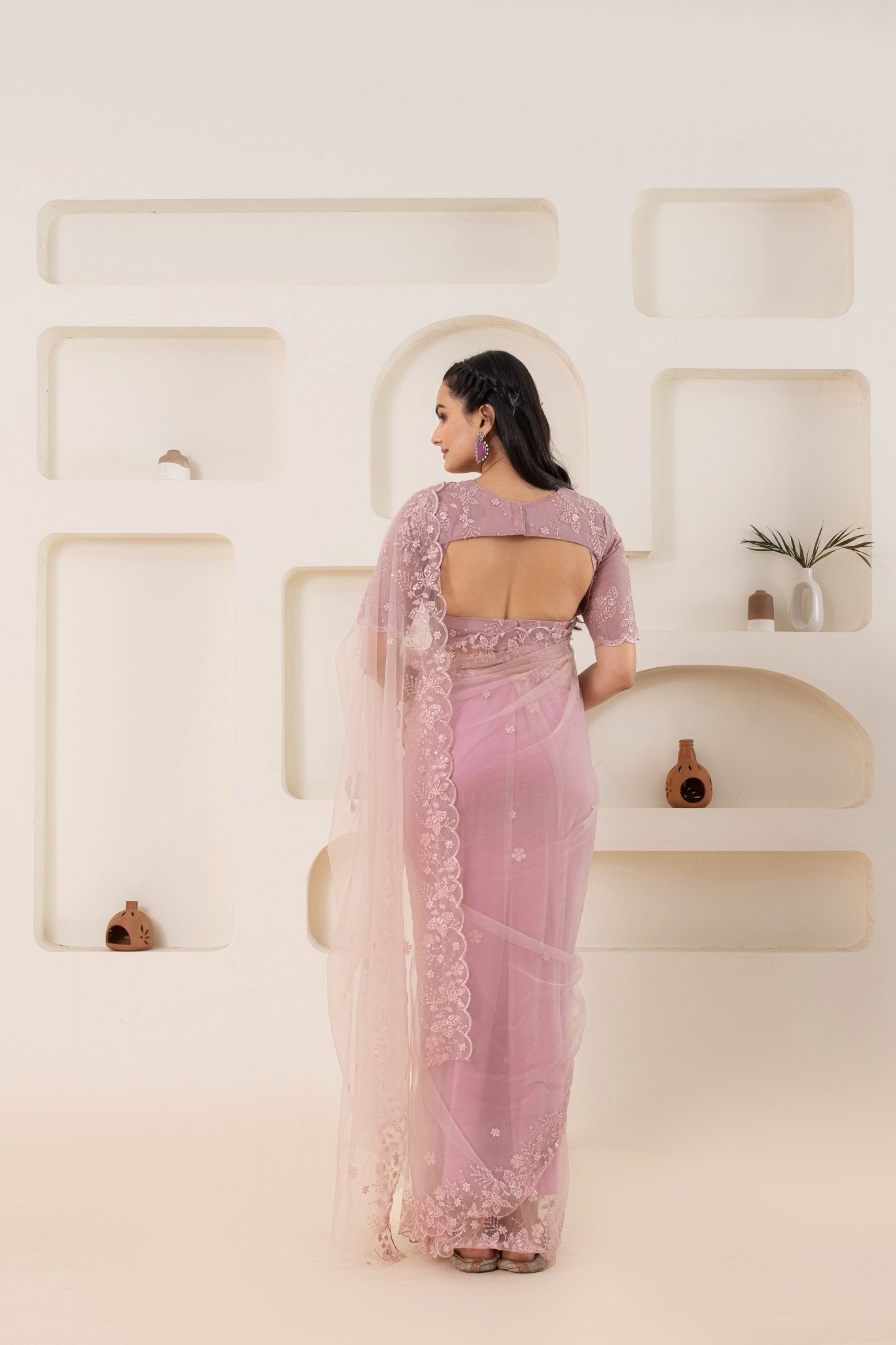 Dusty Pink Embroidery Saree Set (Saree With Blouse Piece) - doeraa