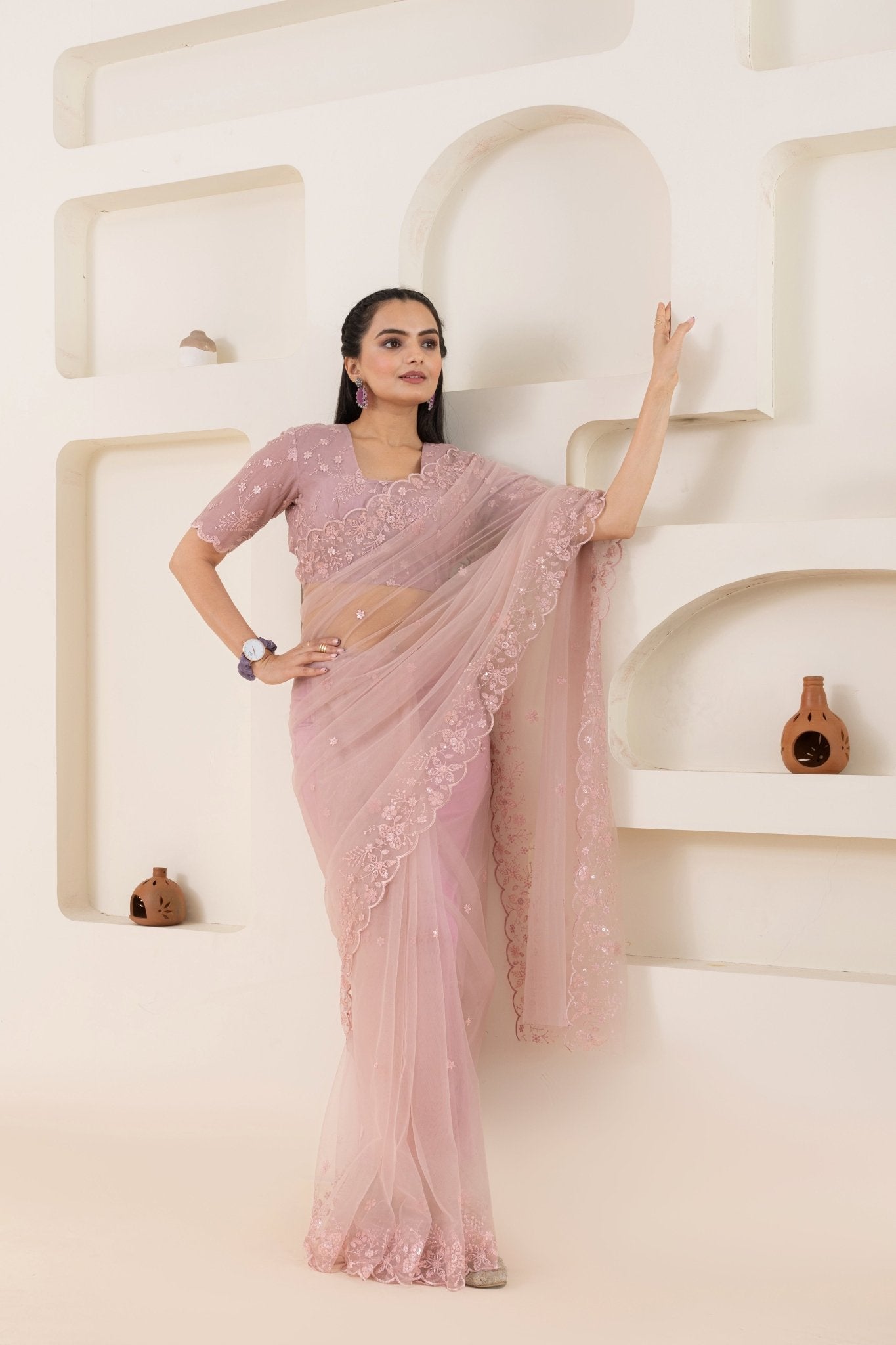 Dusty Pink Embroidery Saree Set (Saree With Blouse Piece) - doeraa