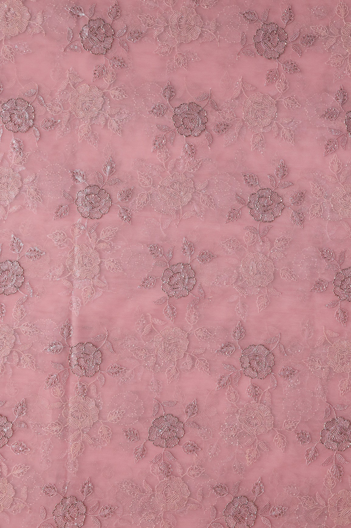 Dusty Pink Thread & Beads With Water Sequins Floral Embroidery Work On Dusty Pink Soft Net Fabric - doeraa