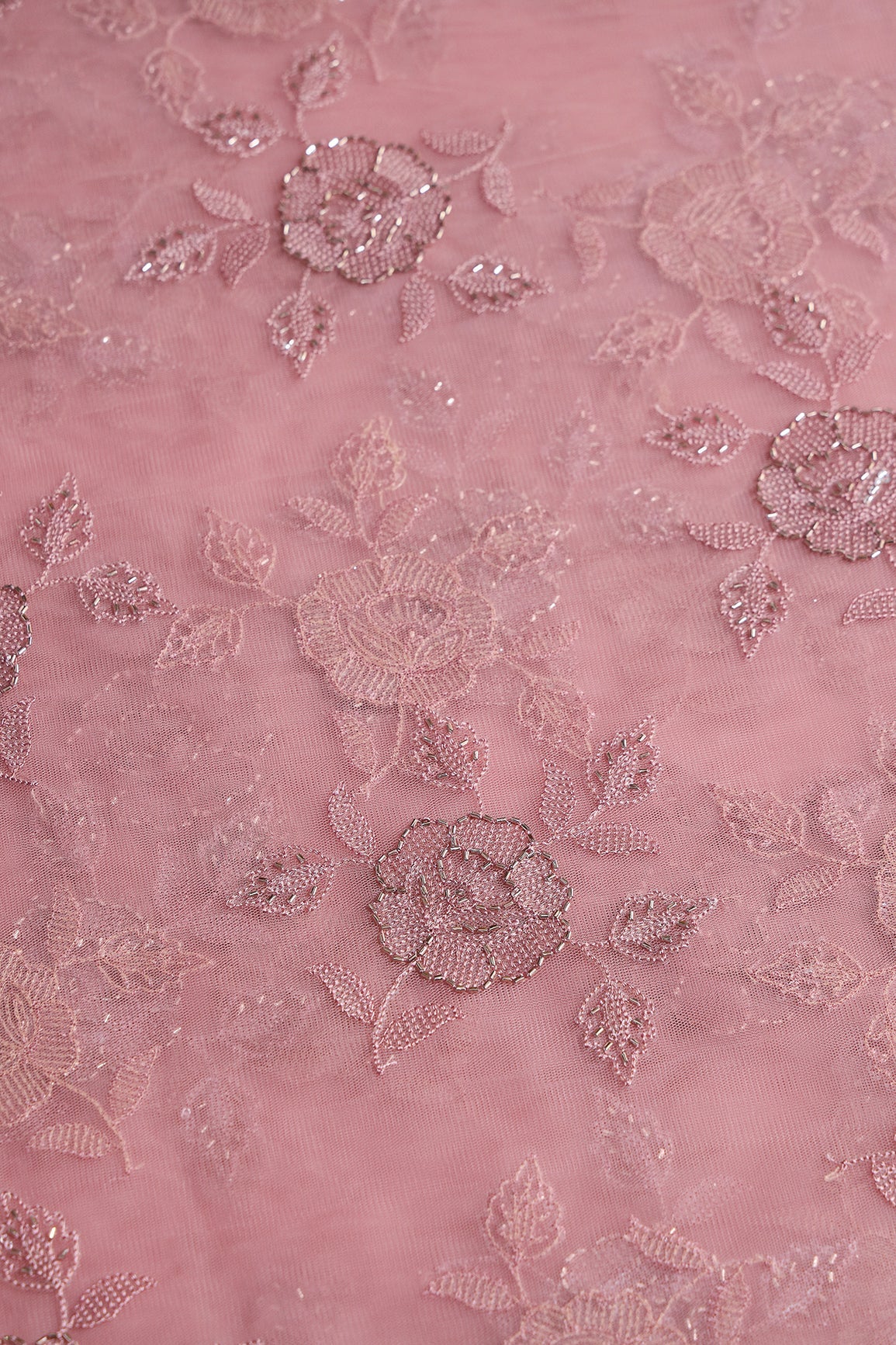 Dusty Pink Thread & Beads With Water Sequins Floral Embroidery Work On Dusty Pink Soft Net Fabric - doeraa